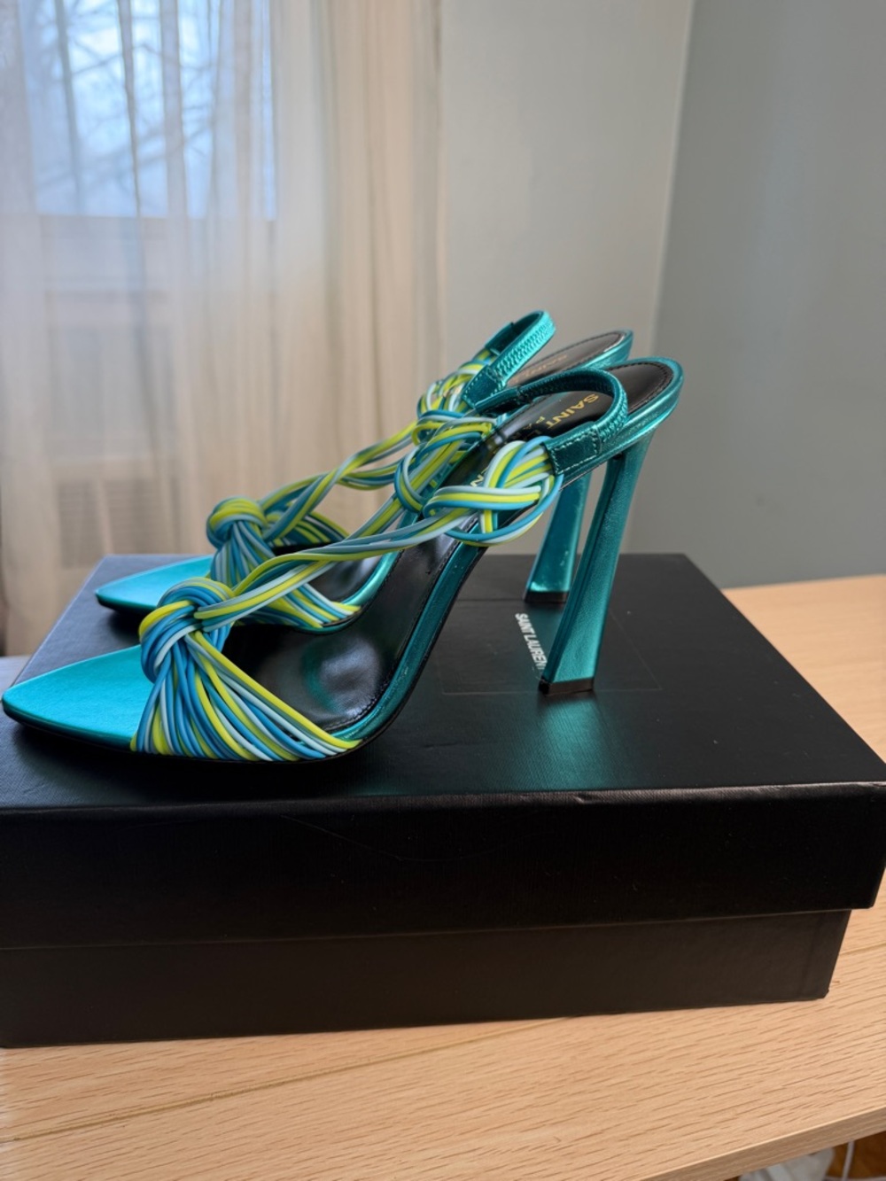 Saint Laurent Teal Sandal with Yellow & Blue Braided Straps - Picture 3 of 8